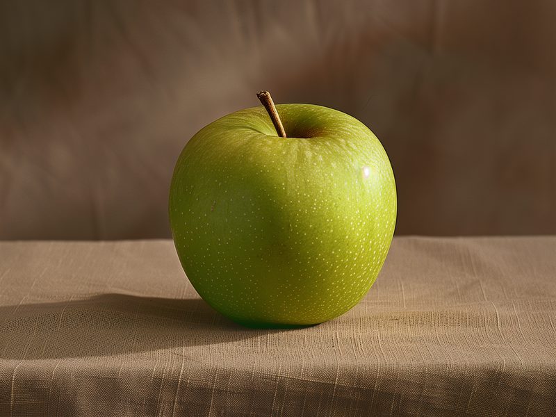 A single green apple on a linen tablecloth