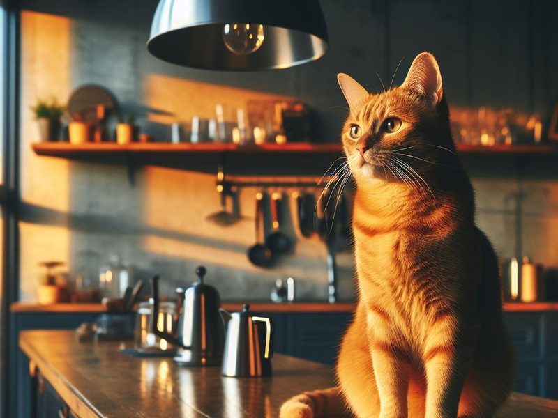A ginger cat sitting on a wooden kitchen counter at sunset