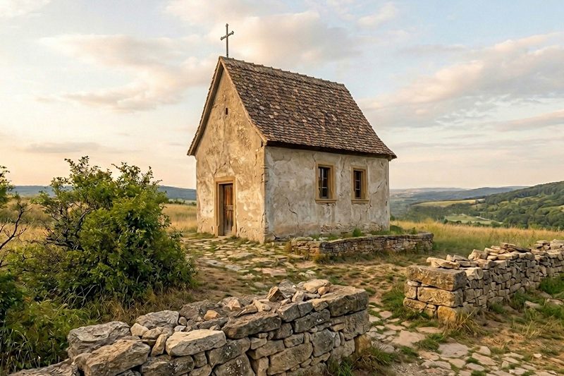 A small stone chapel with a cross, beside dry-stone walls at sunset