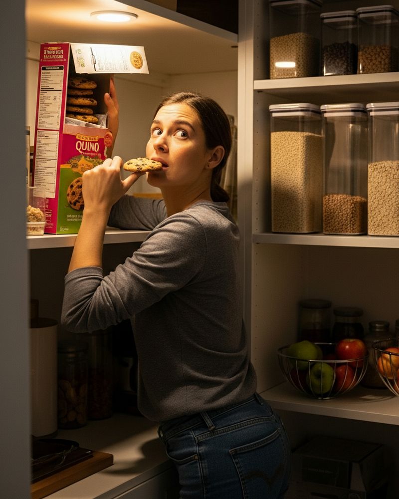 A woman eating a cookie in a pantry