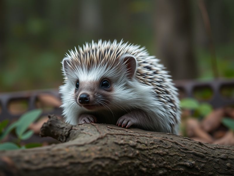 A white-faced hedgehog resting its paws on a log