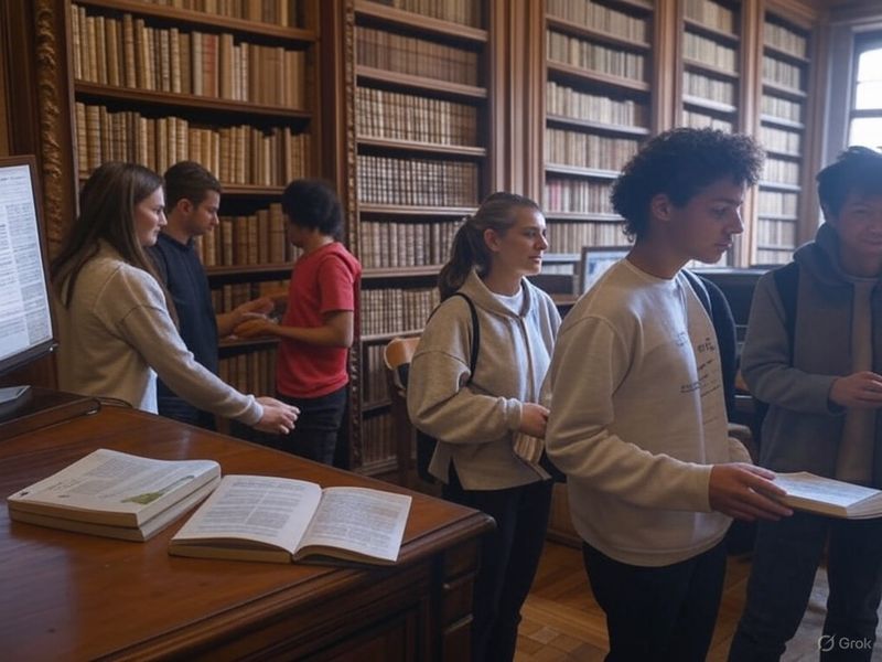 Students standing with books in a wood-panelled library