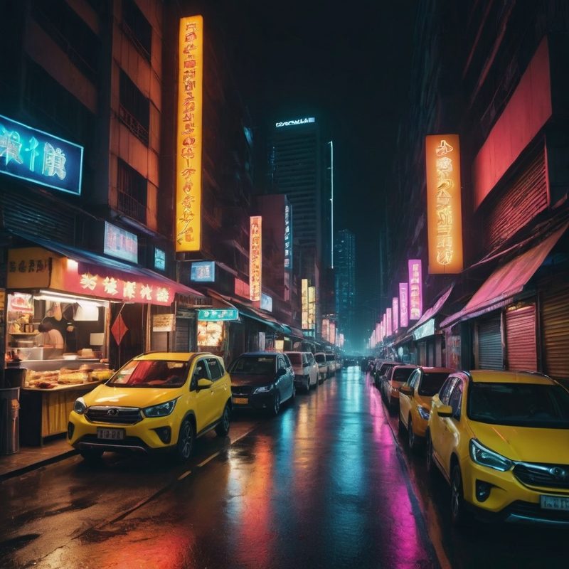 A wet street at night lined with neon signs and yellow cars