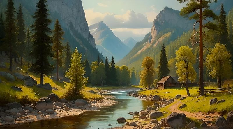 A river valley with a log cabin, pine trees and golden light