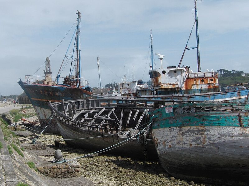 Several rotting wooden fishing boats lying on a stony shore